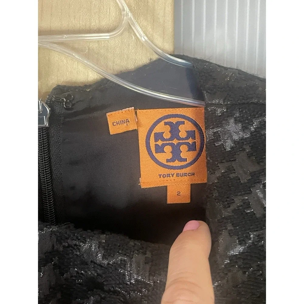 Tory Burch Black Metallic Dress Sz 4 Houndstooth Pockets‎ Preppy Goth Party